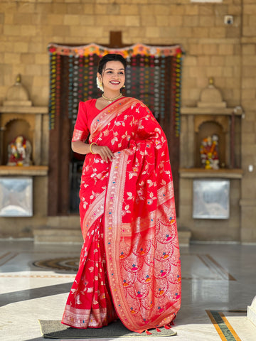 Scarlet Red Printed Banarasi Saree