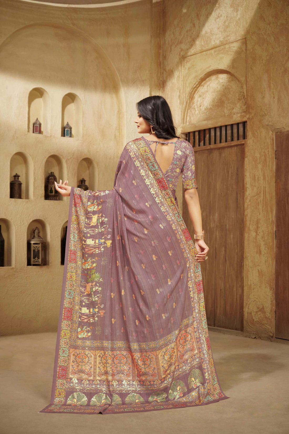 Carrot Pink Crepe Silk Saree