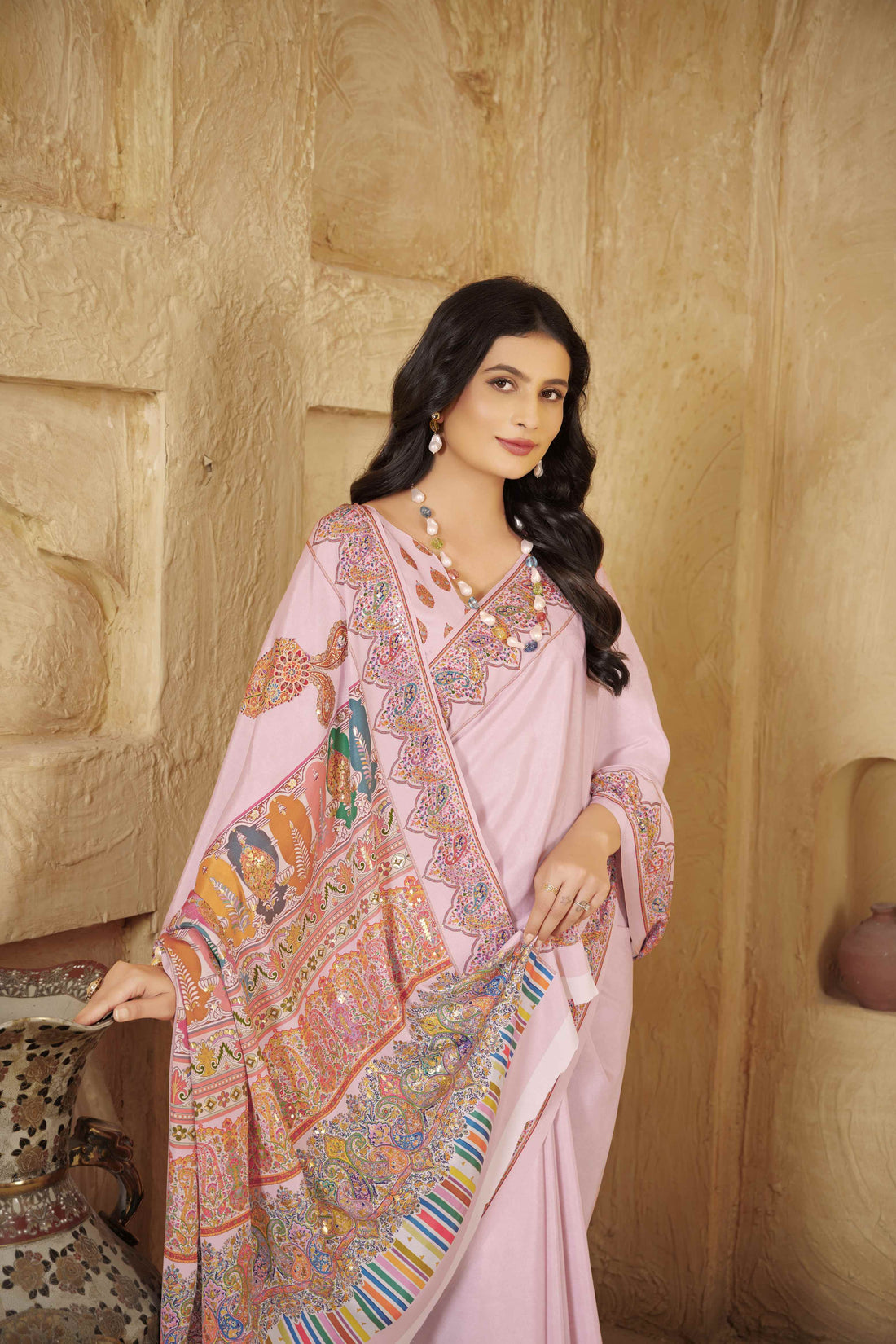 Baby Pink Crepe Silk Saree