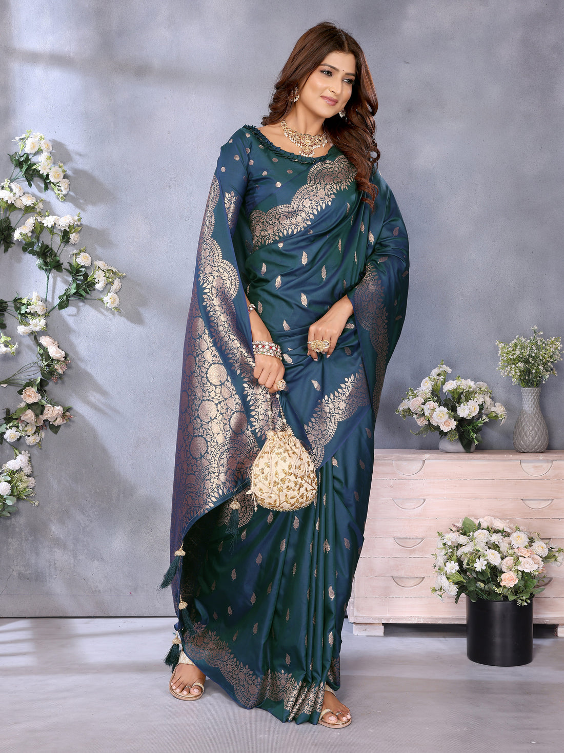 Teal blue Banarasi Silk Saree