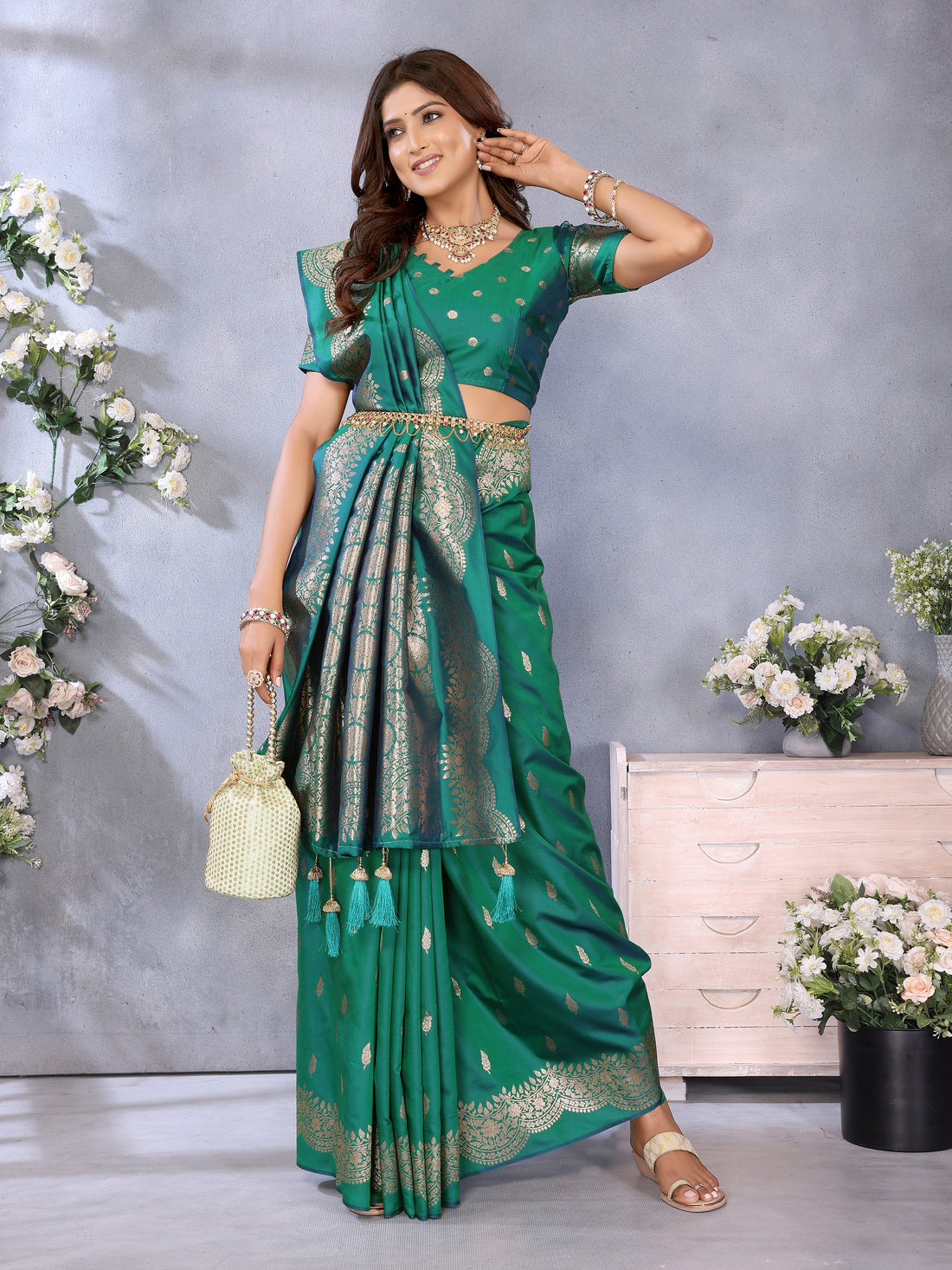 Rama Green Printed Banarasi Silk Saree