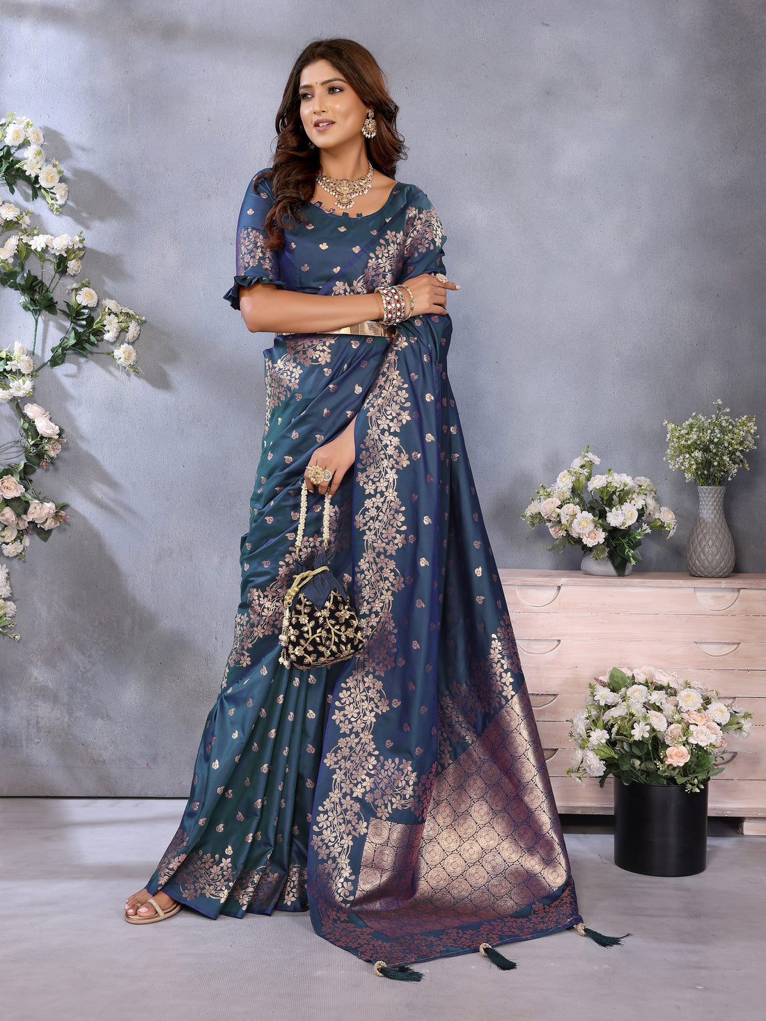 Teal Blue Banarasi Silk Saree