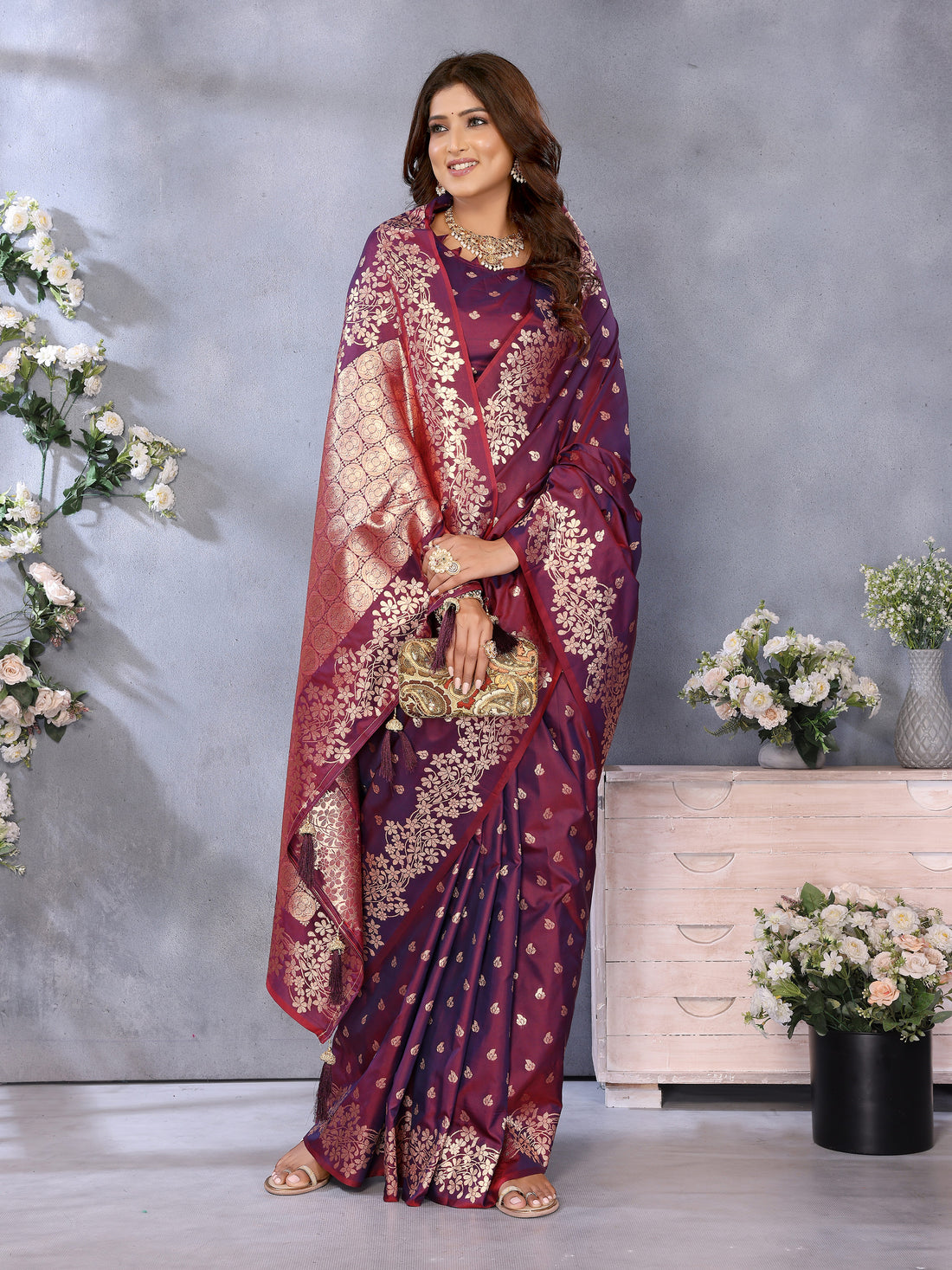 Wine Banarasi Silk Saree