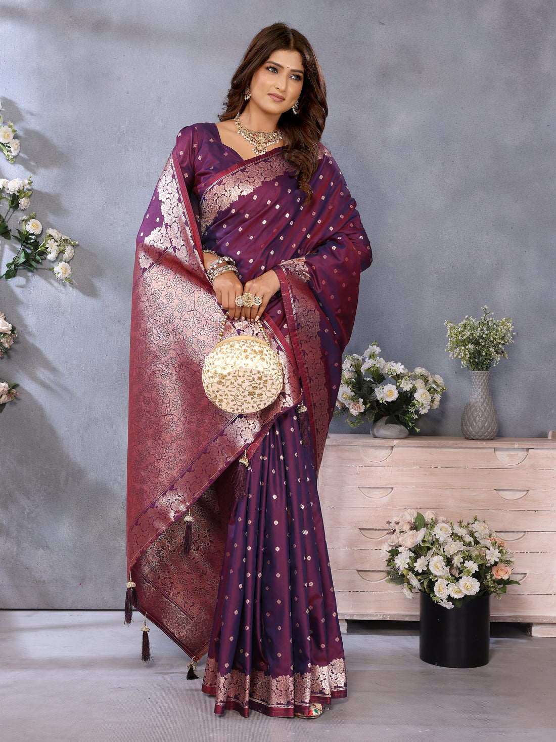 Wine Banarasi Silk Saree