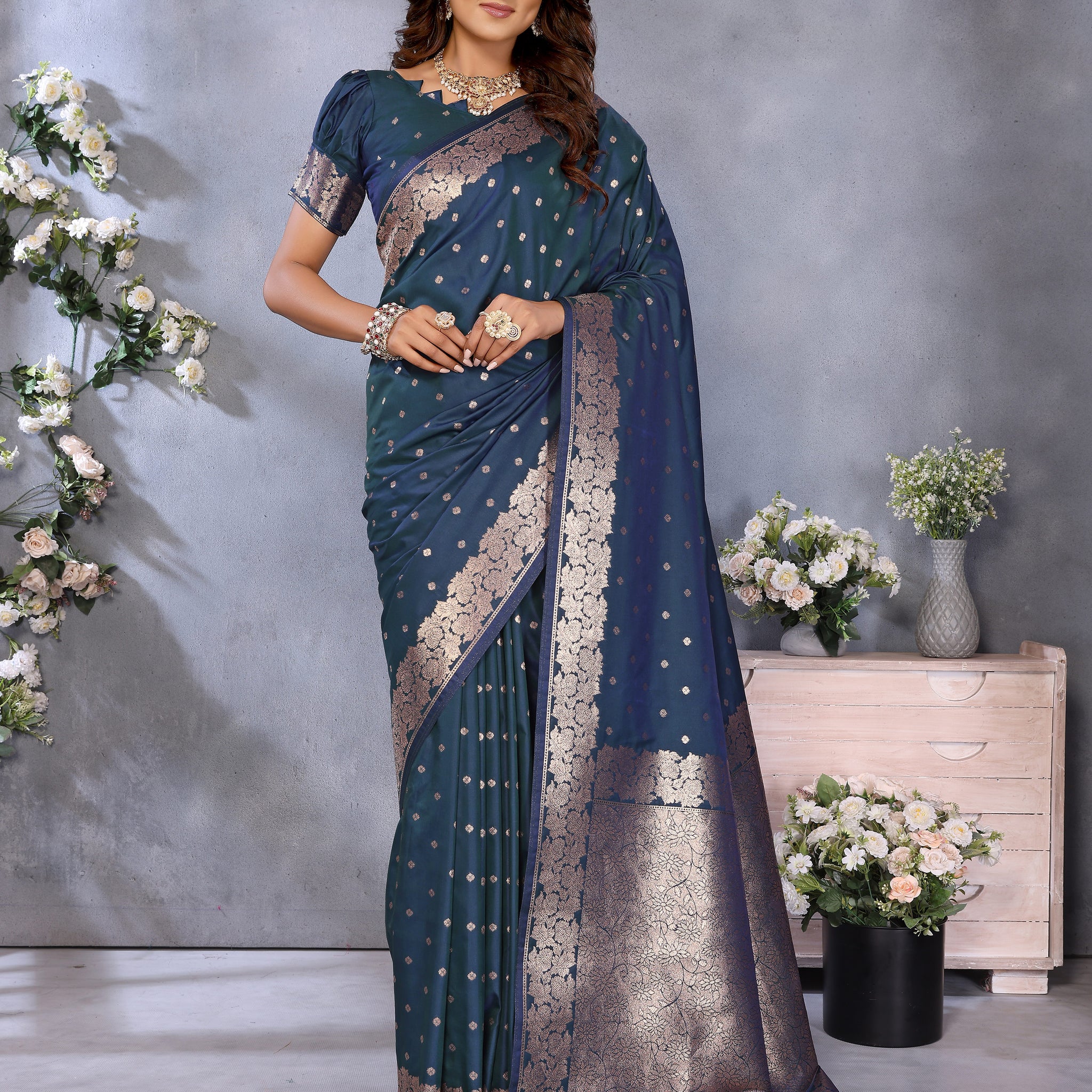Teal Blue Banarasi Silk Saree