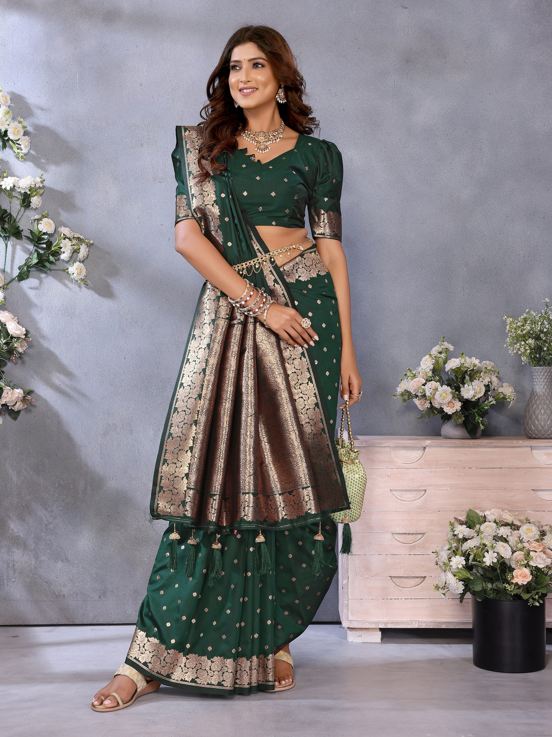 Dark Green Printed Banarasi Silk Saree