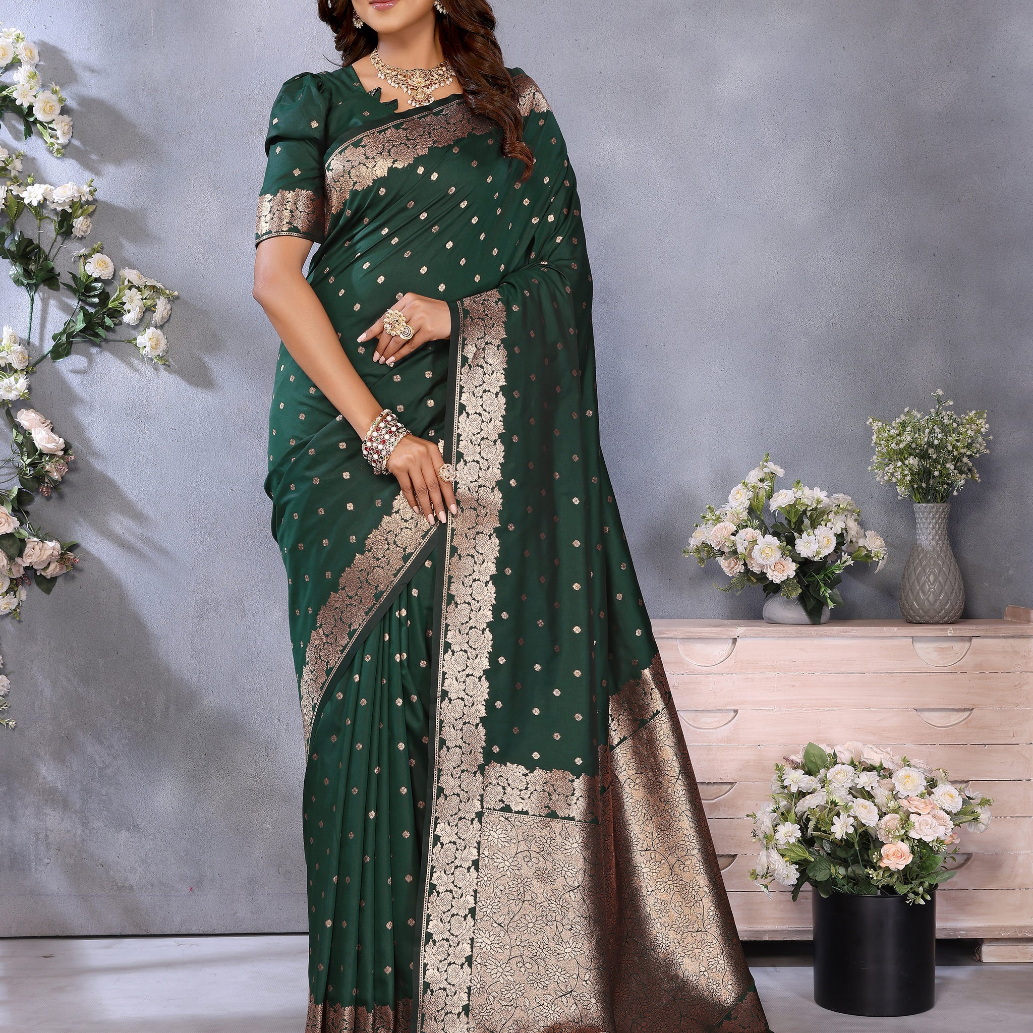 Dark Green Printed Banarasi Silk Saree