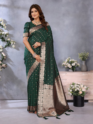 Dark Green Printed Banarasi Silk Saree