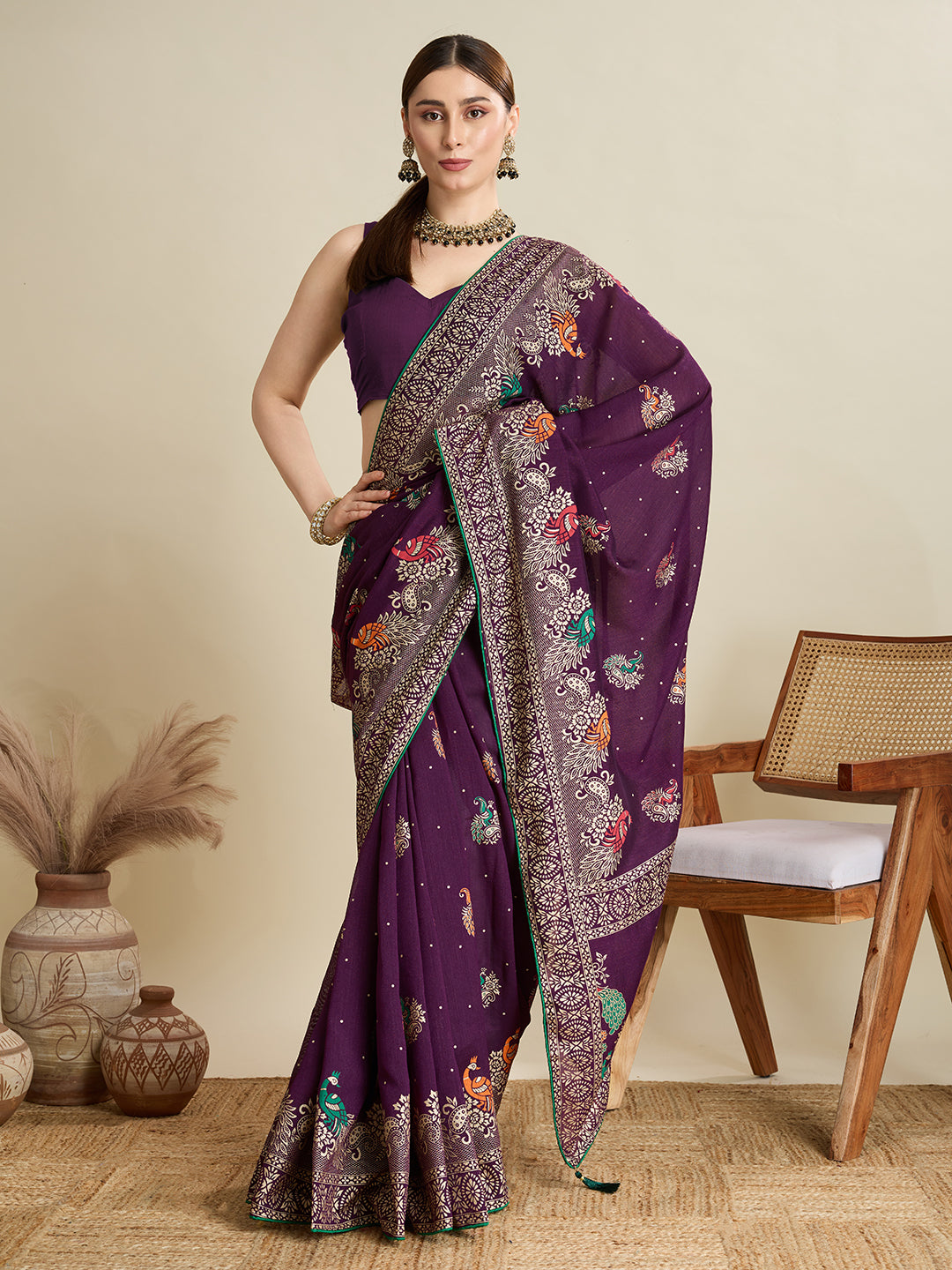 Wine Cotton Saree