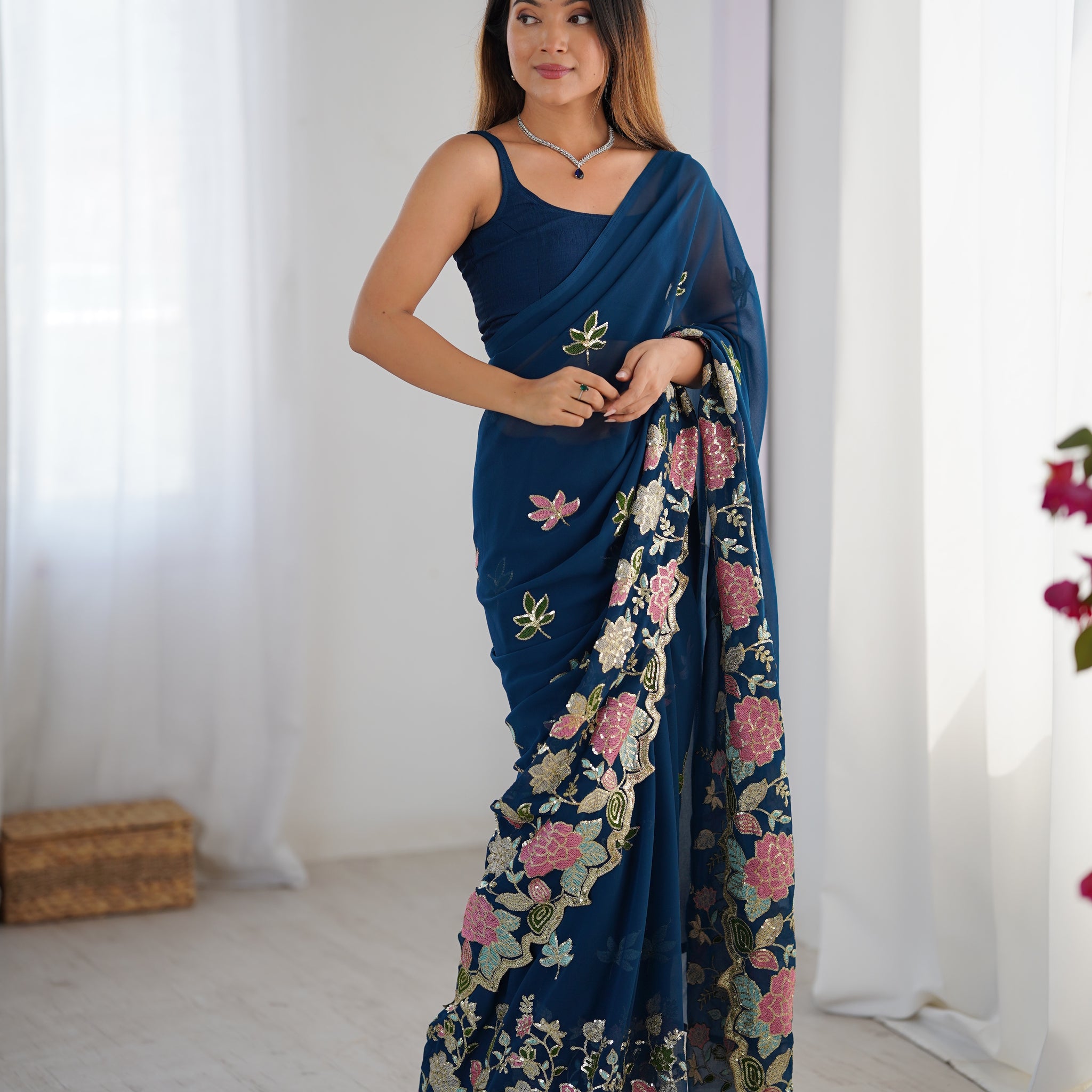 Blue Printed Georgette Saree