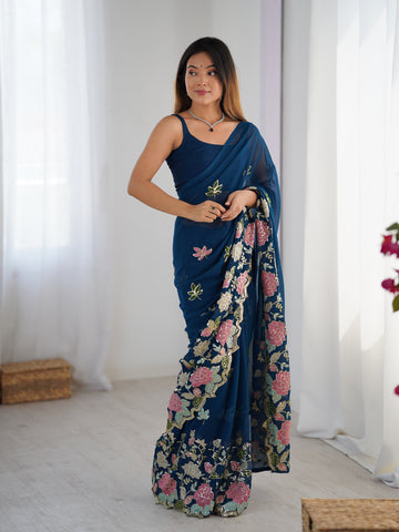 Blue Printed Georgette Saree