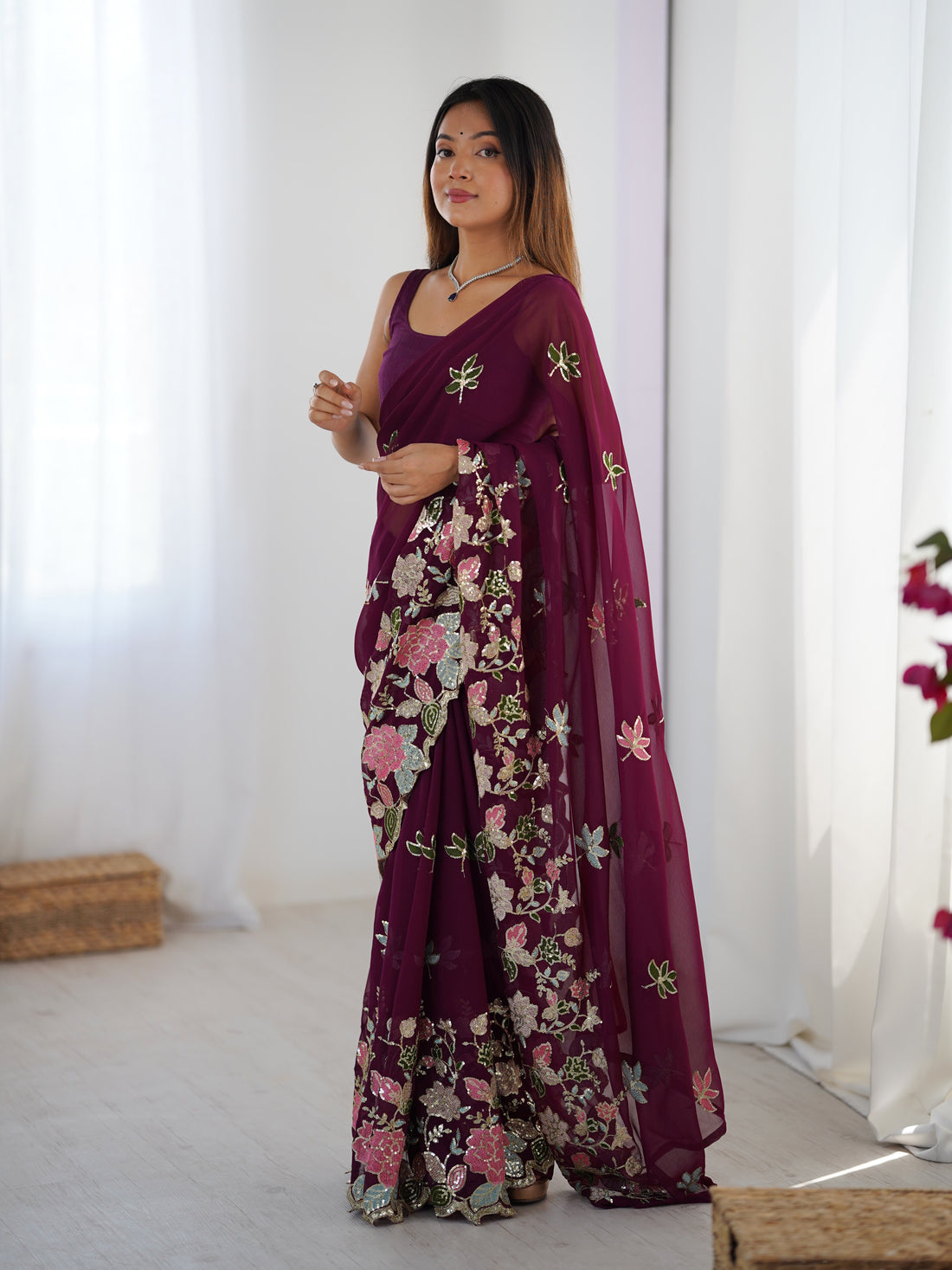 Wine Color Georgette Saree