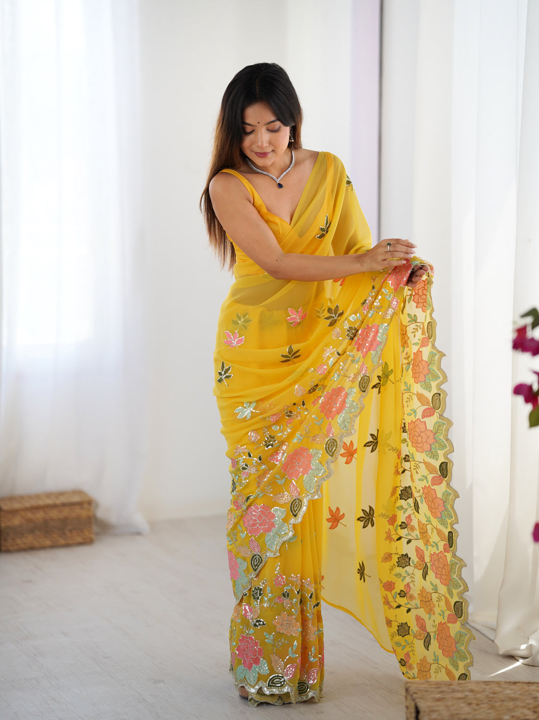 Yellow Printed  Georgette Saree