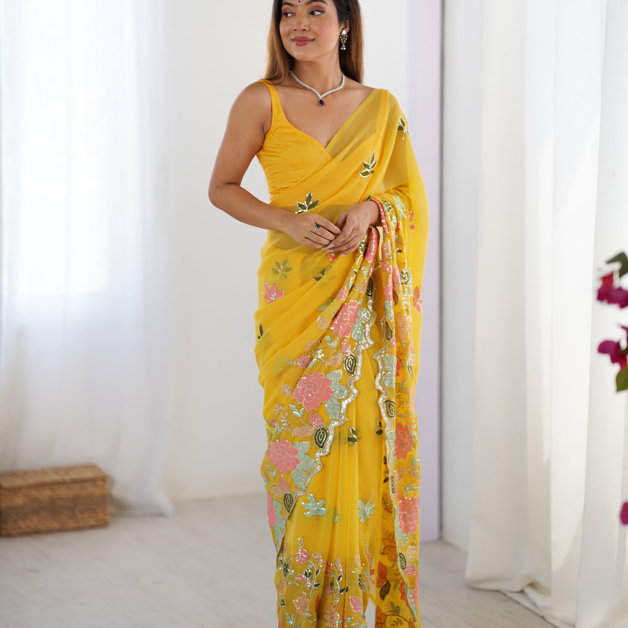 Yellow Printed  Georgette Saree