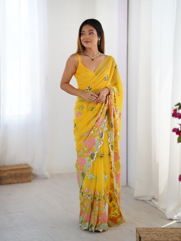 Yellow Printed  Georgette Saree