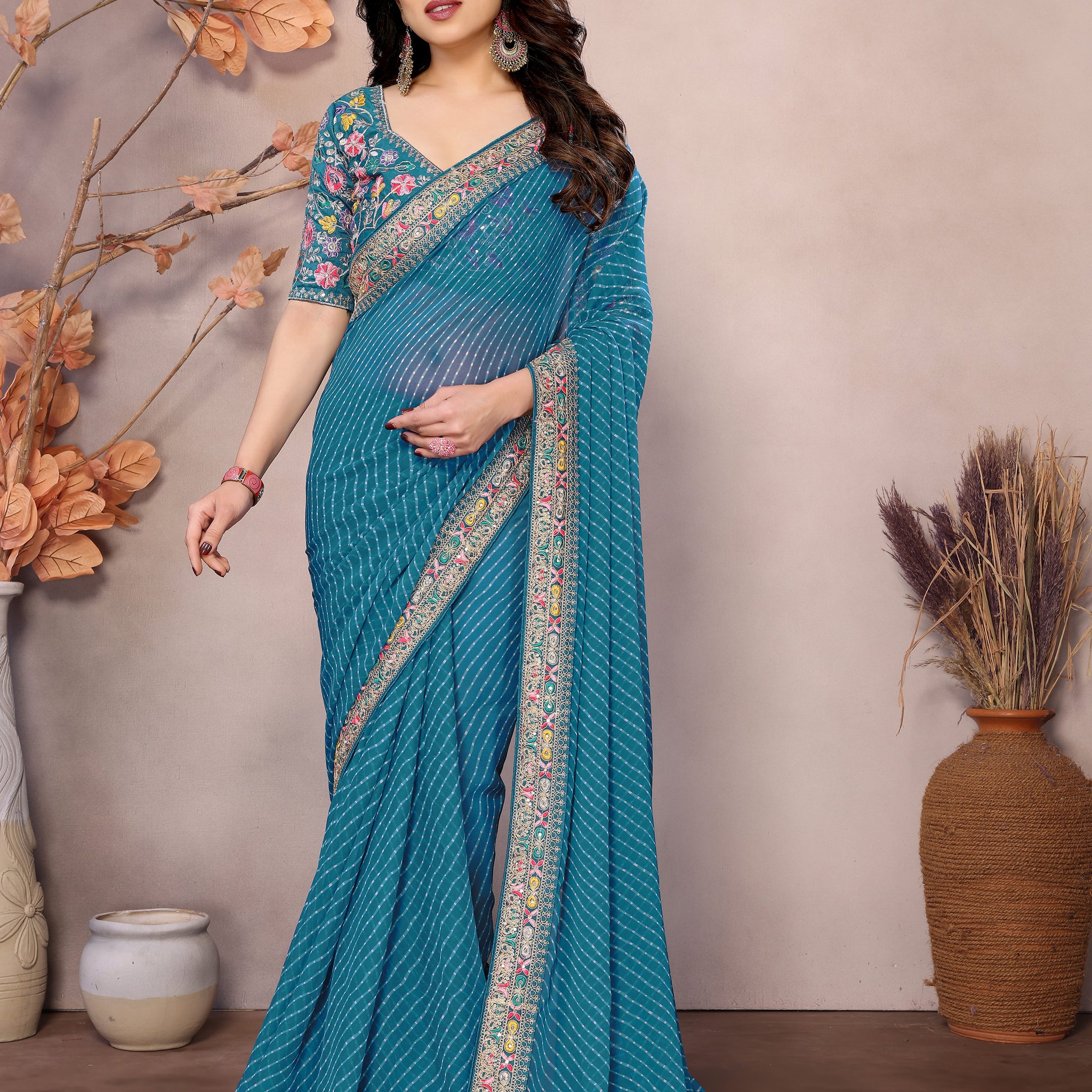 Teal Blue Printed Georgette Saree