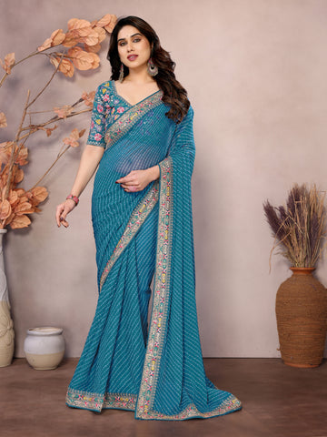 Teal Blue Printed Georgette Saree