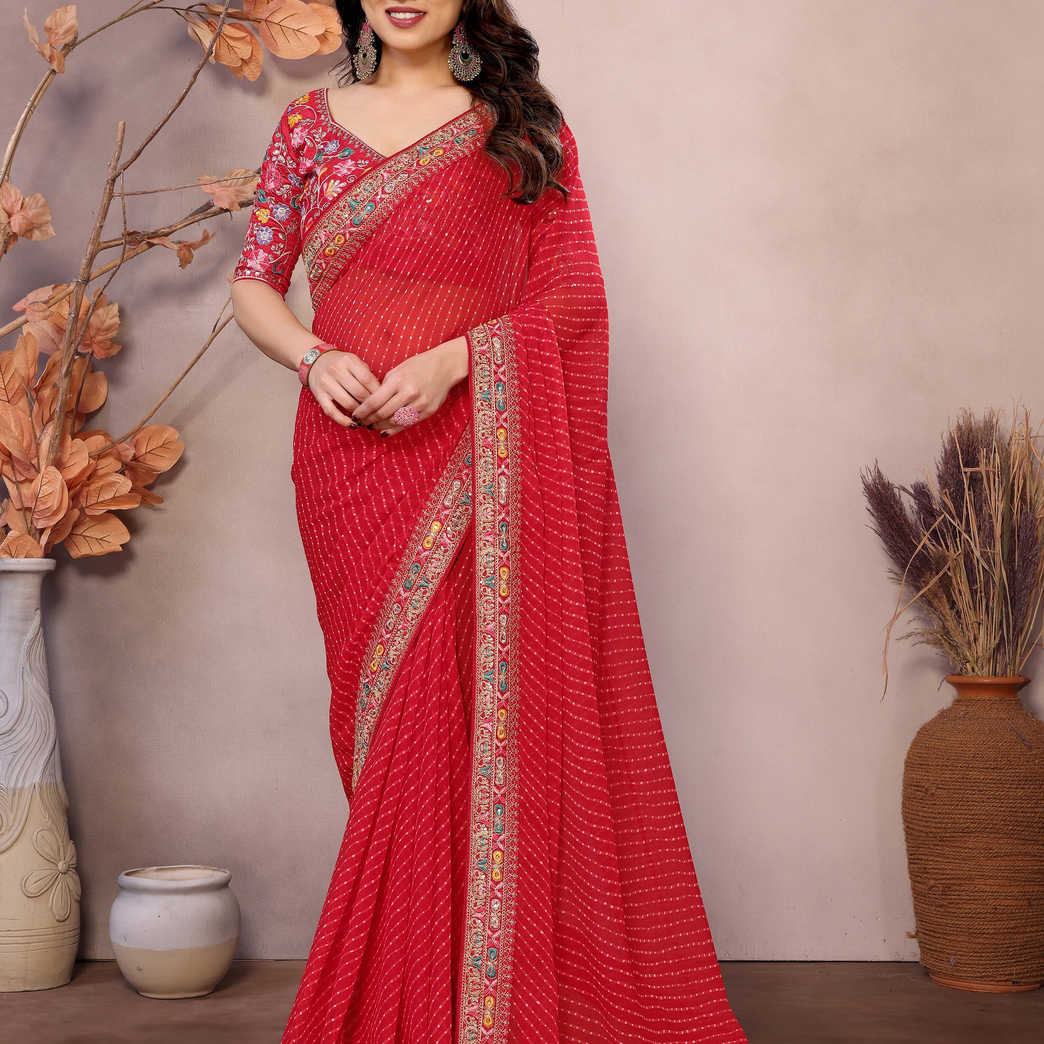 Coral Red Georgette Saree