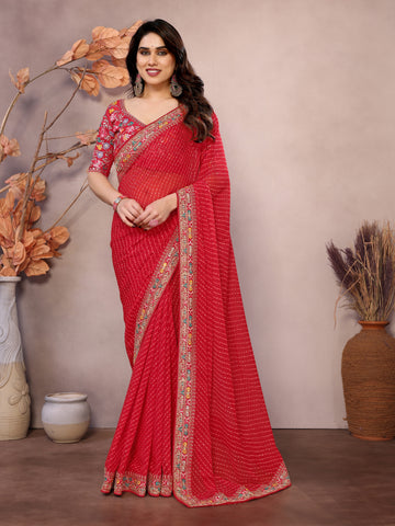 Coral Red Georgette Saree