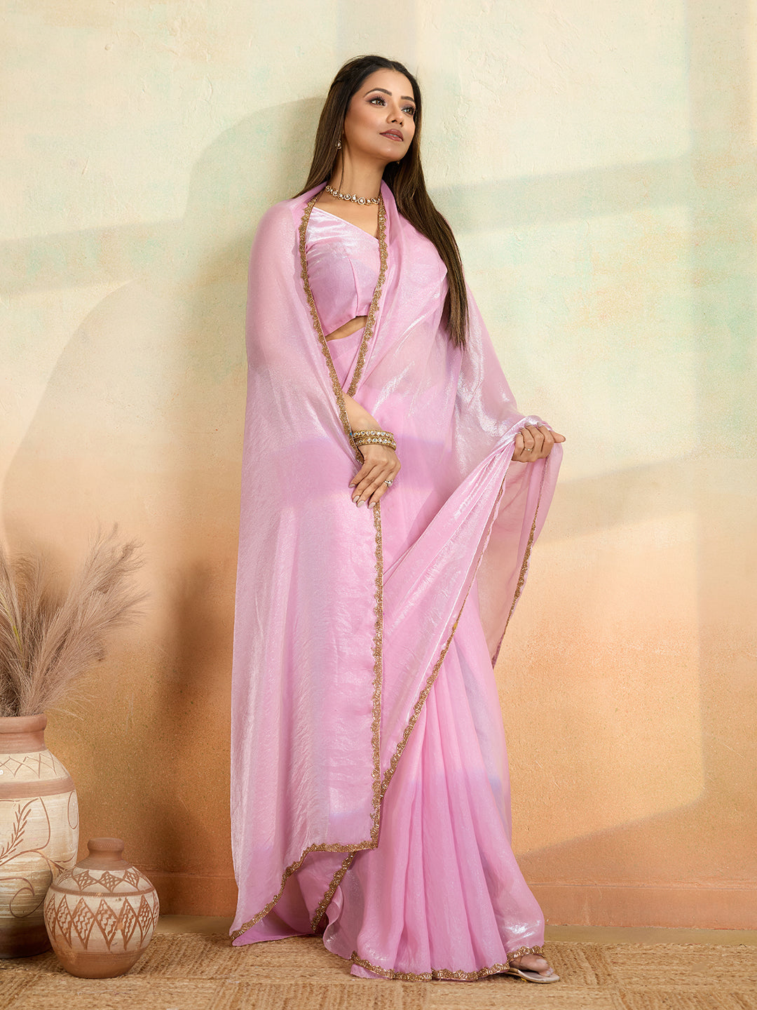 Pink Frendy Satin Silk Saree
