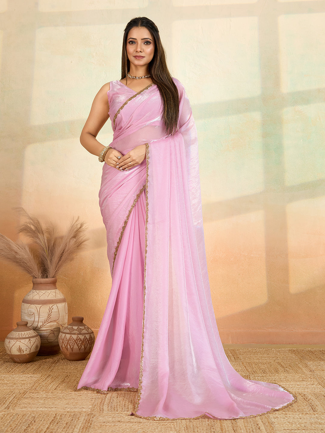 Pink Frendy Satin Silk Saree