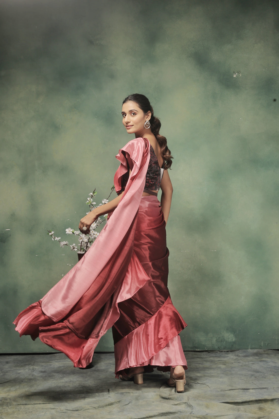 Pre Draped Pink And Maroon Satin Silk Saree