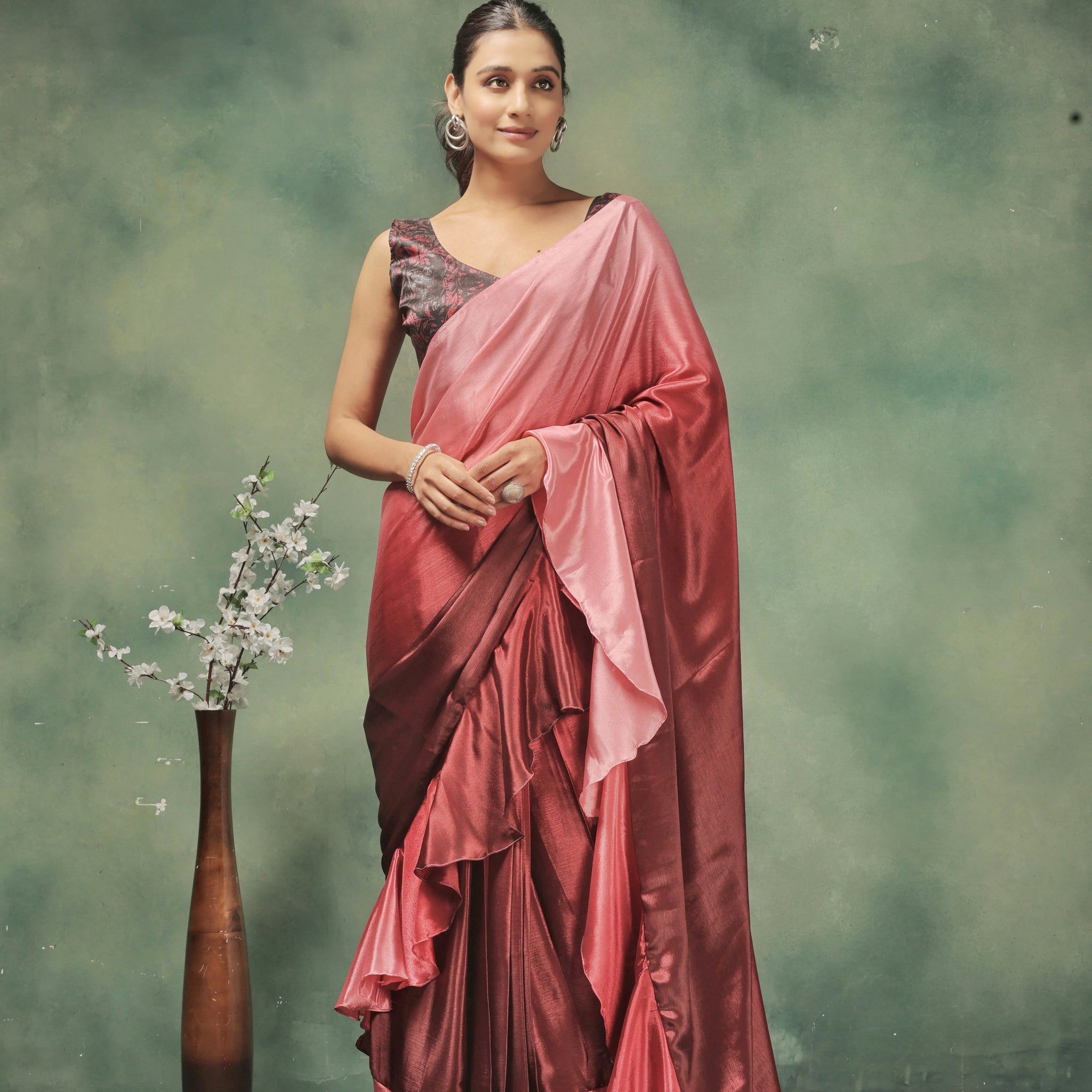 Pre Draped Pink And Maroon Satin Silk Saree
