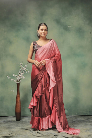 Pre Draped Pink And Maroon Satin Silk Saree
