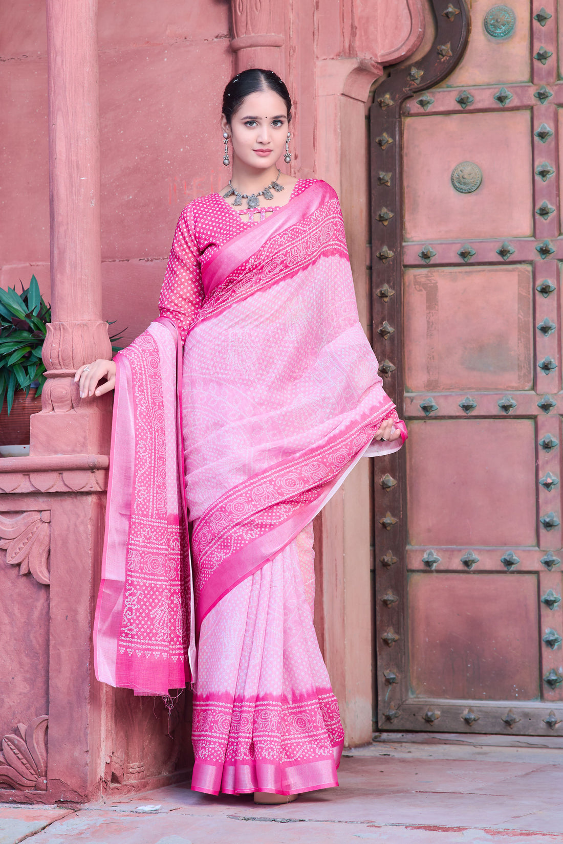 Pink Linen Cotton Saree