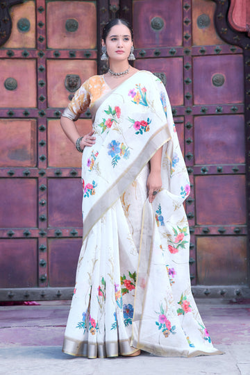 White Linen Cotton Saree