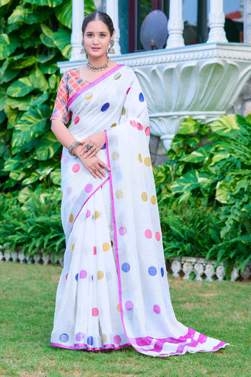 White And Pink Linen Cotton Saree