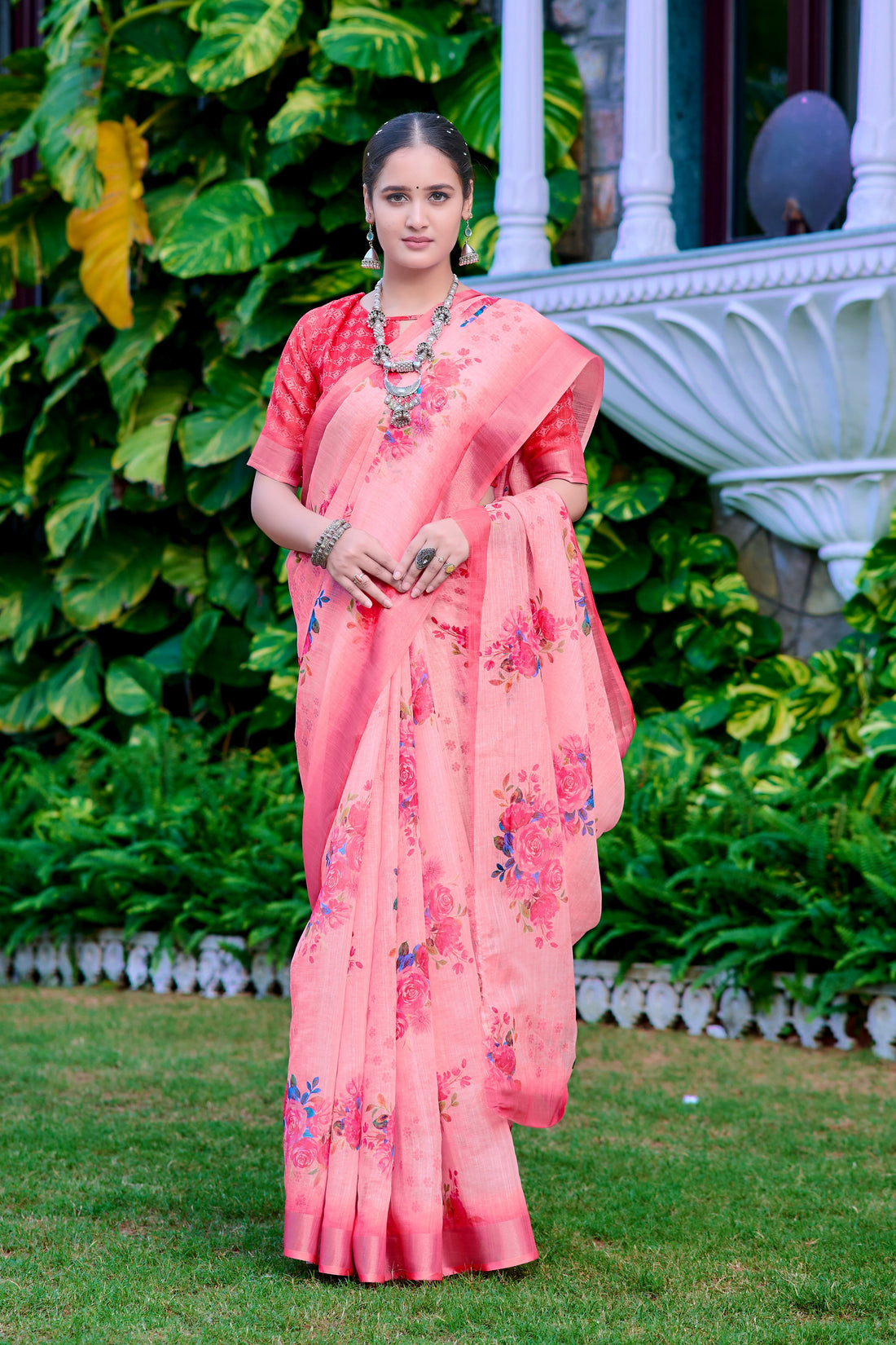 Pink Linen Cotton Saree