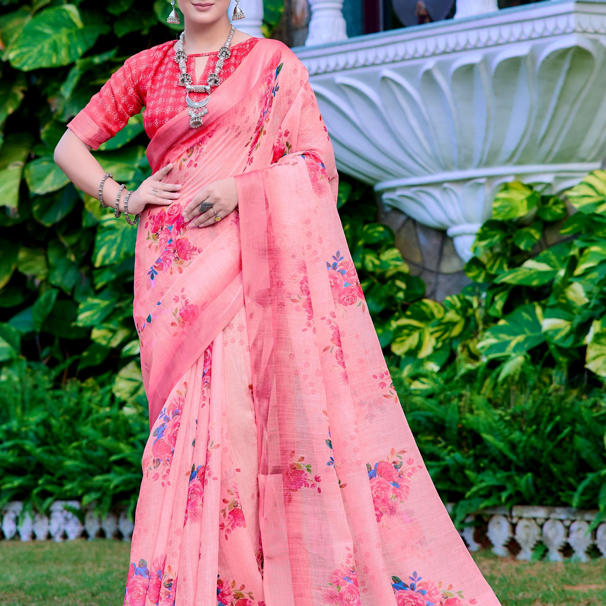 Pink Linen Cotton Saree