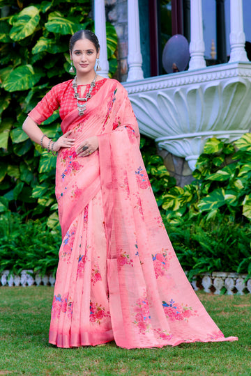 Pink Linen Cotton Saree