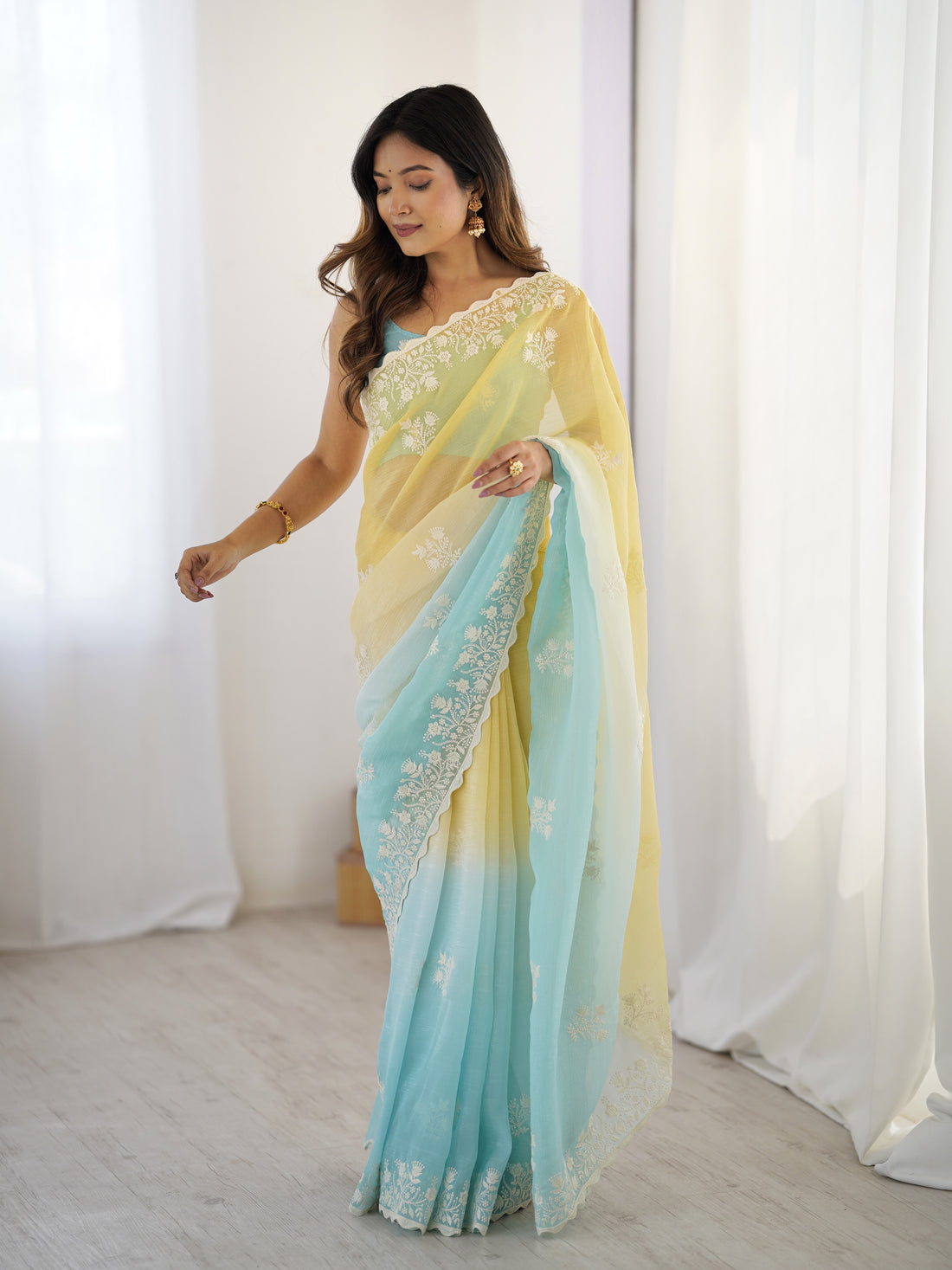 Yellow Crunchy Silk Saree