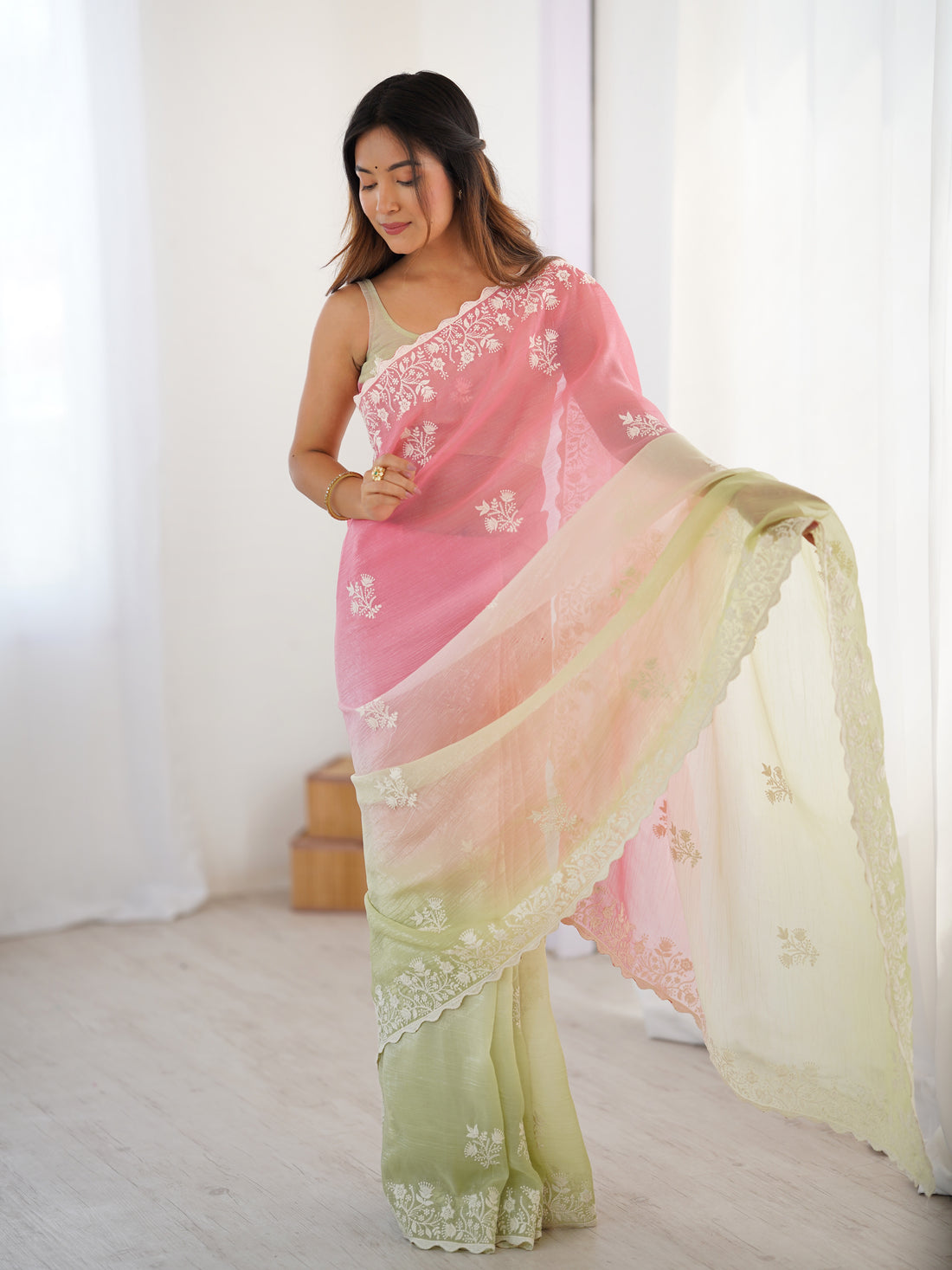 Pink Crunchy Silk Saree