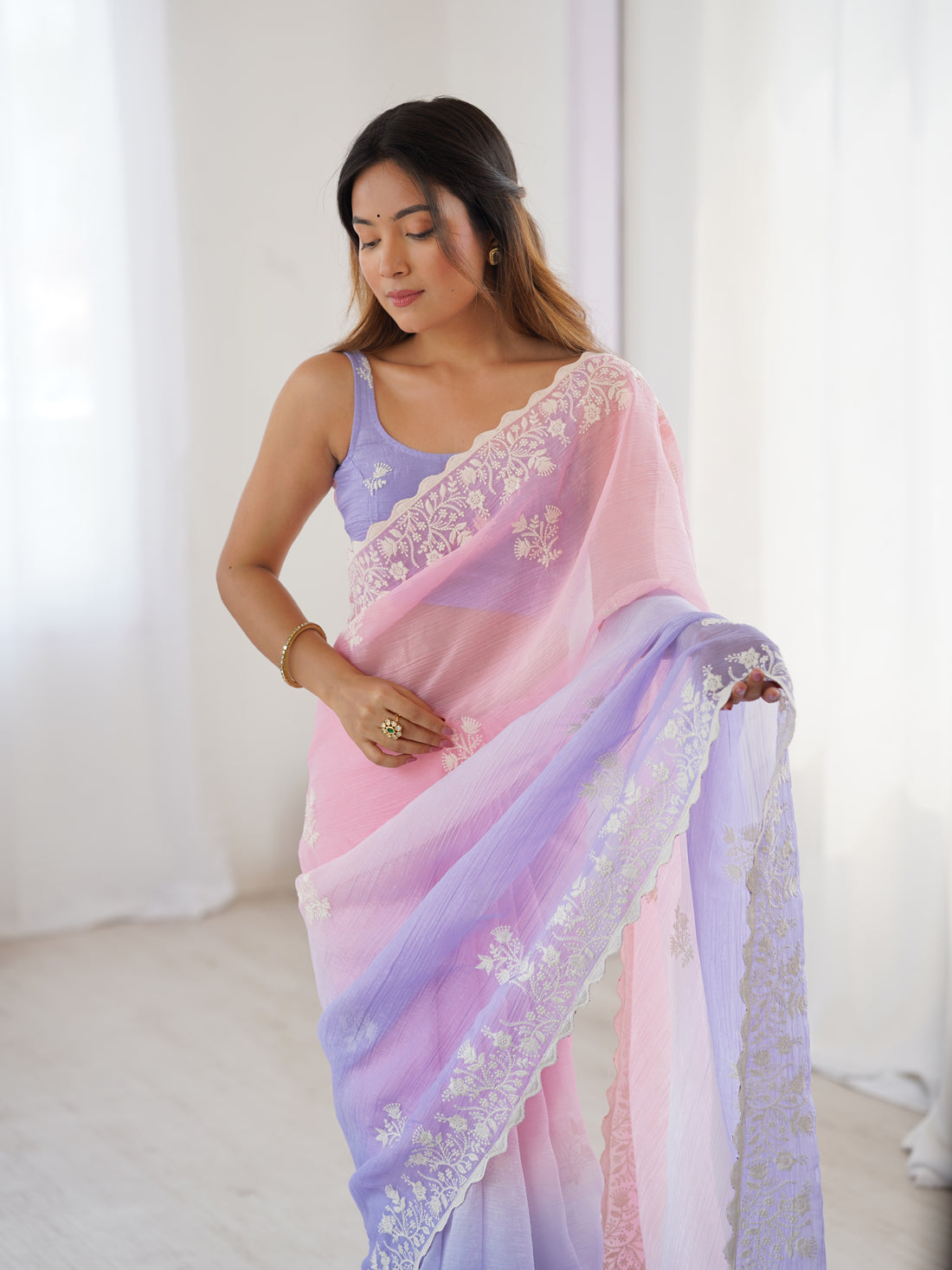 Pink And Lavender Crunchy Silk Saree