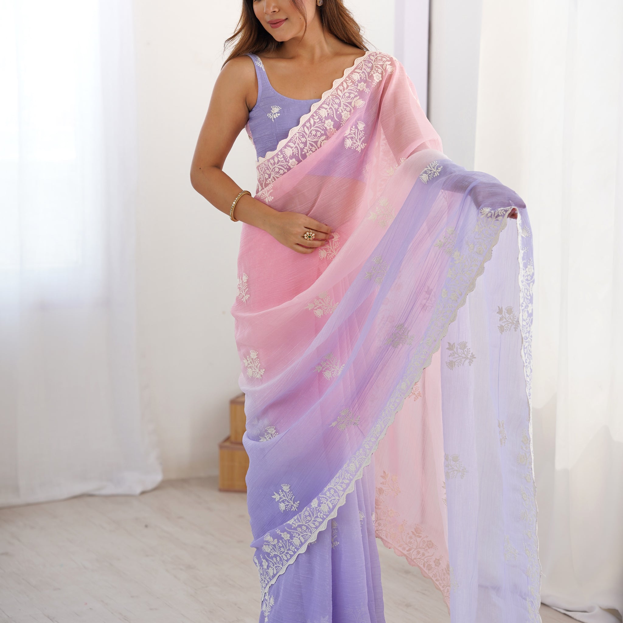 Pink And Lavender Crunchy Silk Saree
