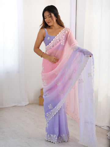 Pink And Lavender Crunchy Silk Saree