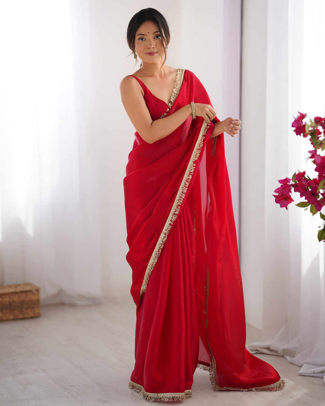 Red Fendy Satin Saree