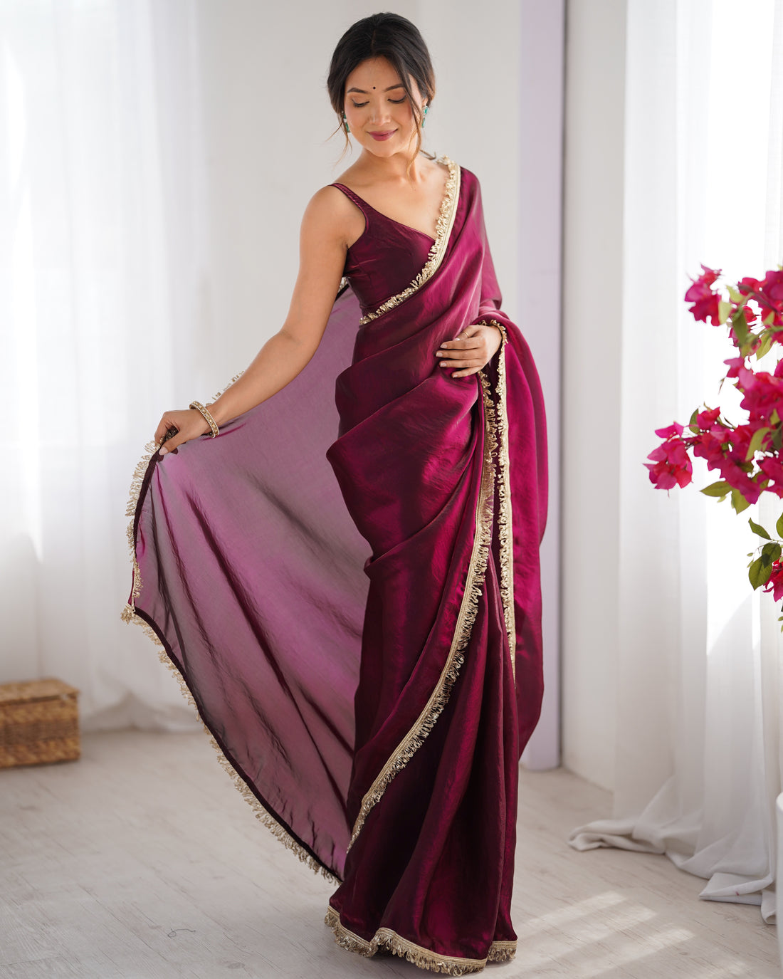 Wine Fendy Satin Saree