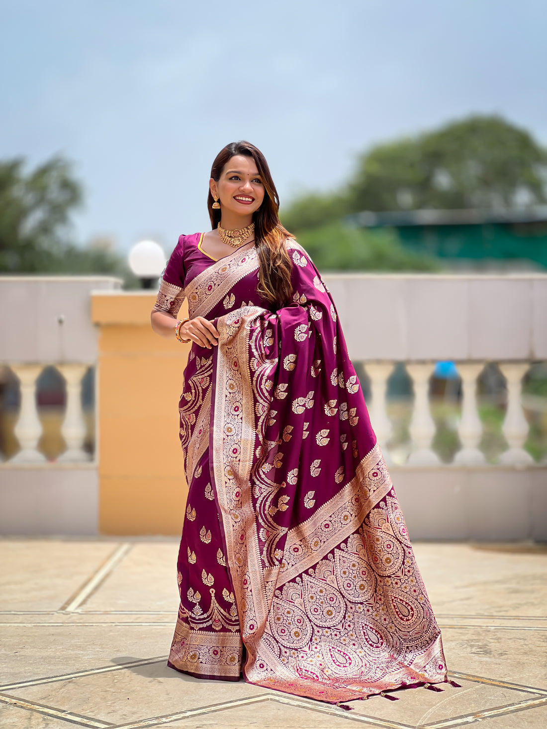 Wine Banarasi Silk Saree