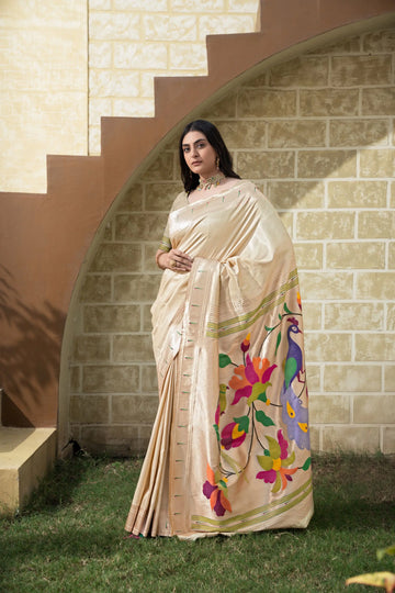 Cream Paithani Silk saree