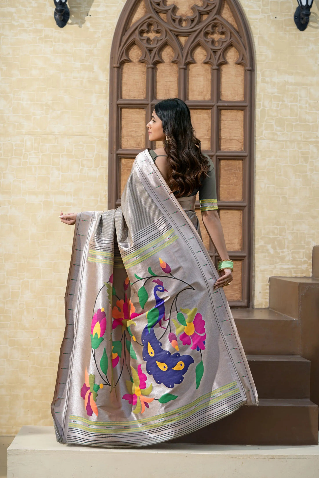 Gray Paithani Silk saree