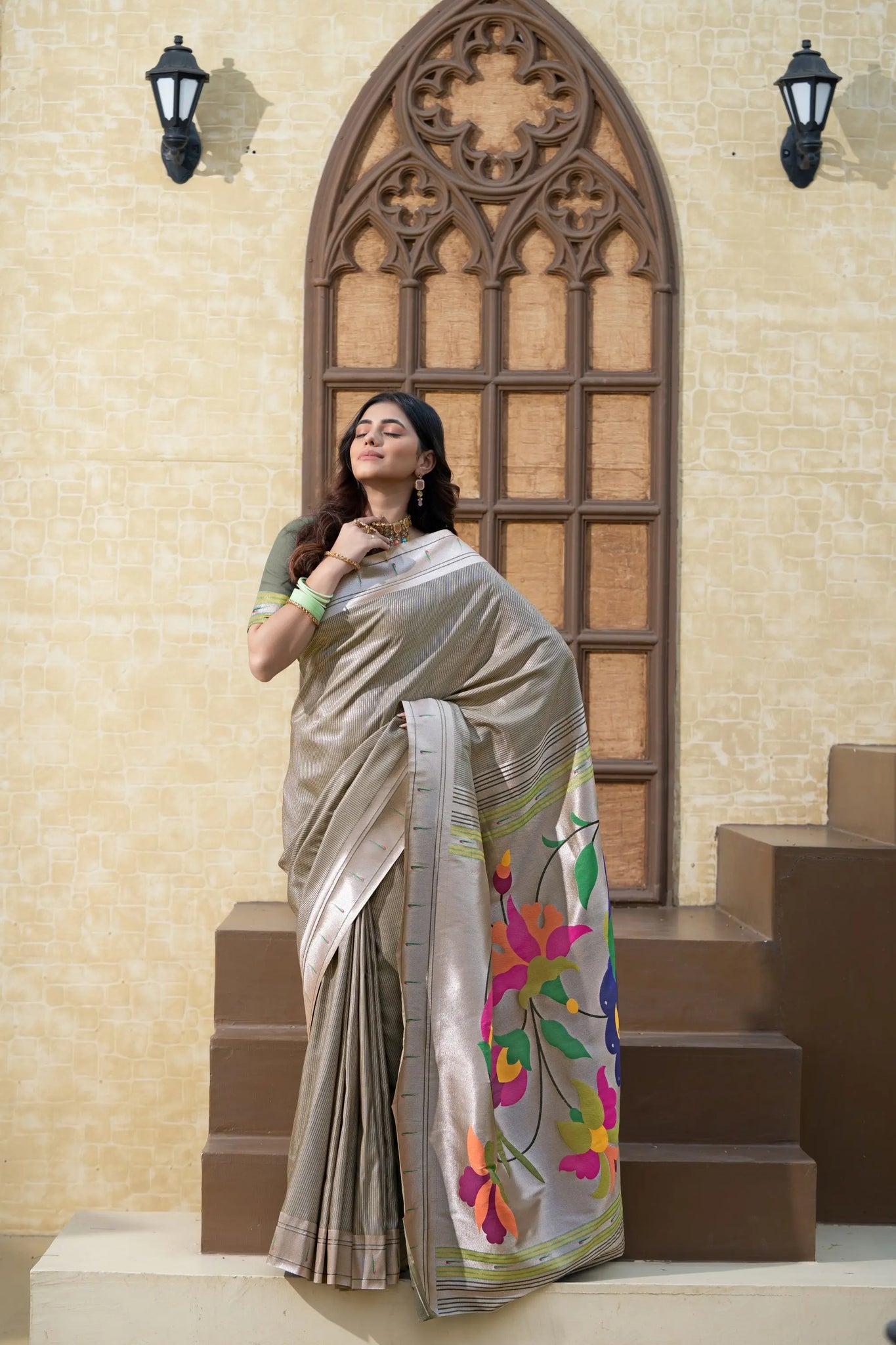 Gray Paithani Silk saree