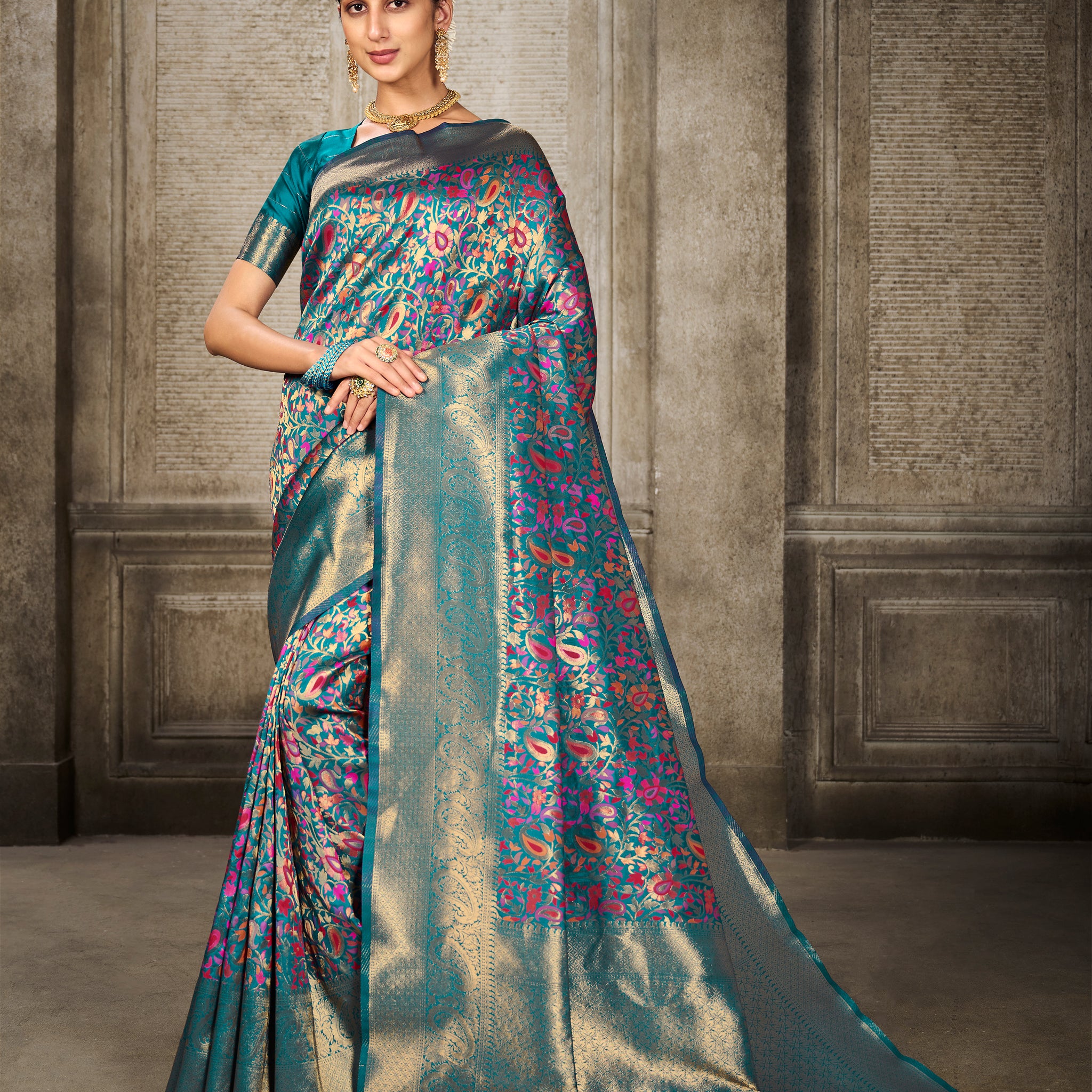 Turquoise Blue Banarasi Silk Saree