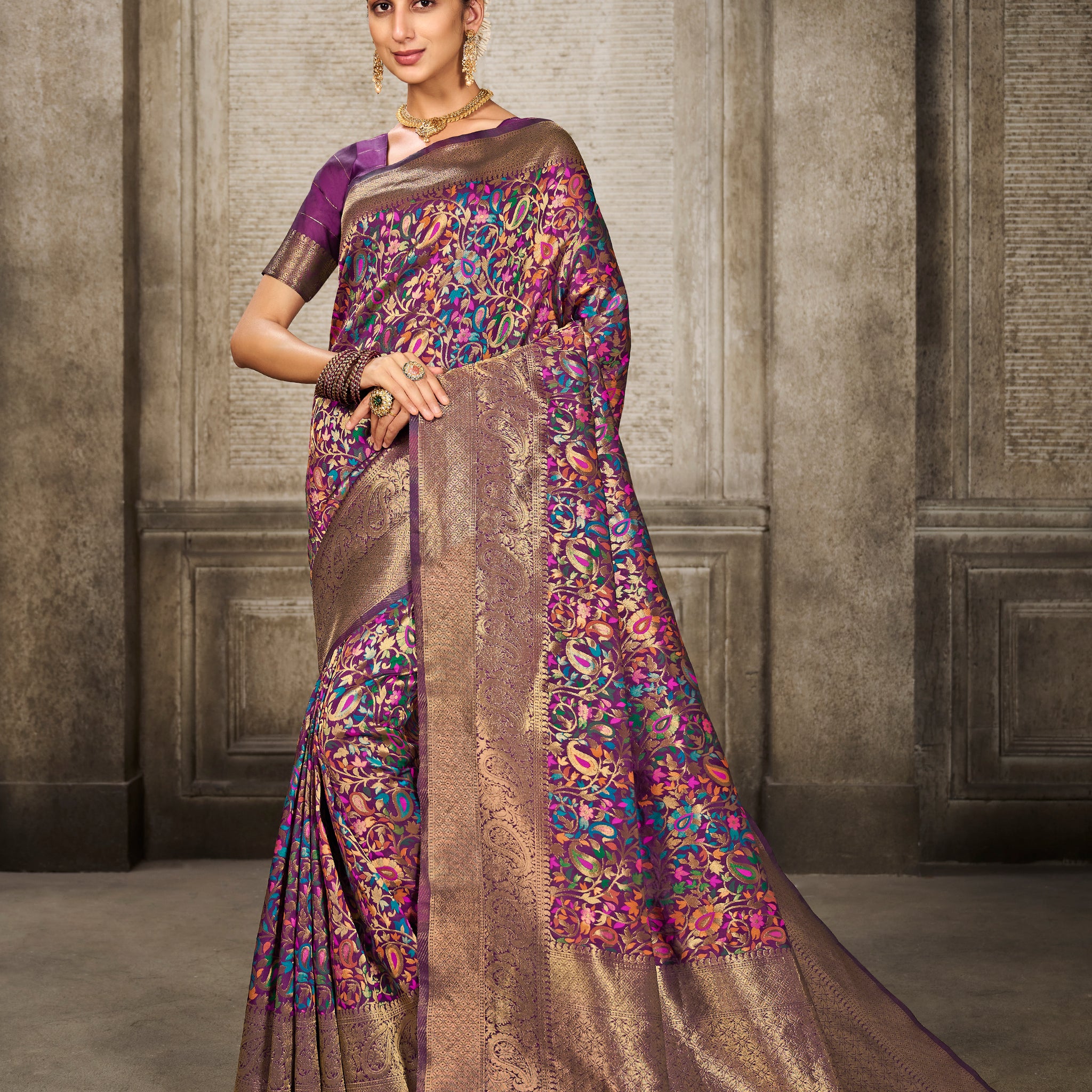 Wine Banarasi Silk Saree