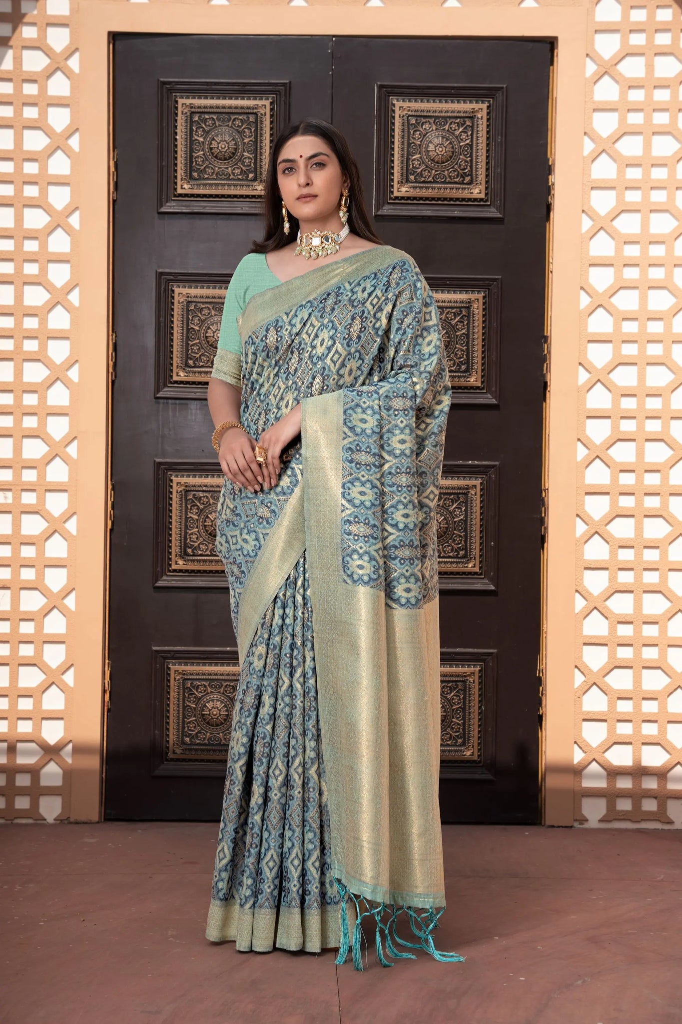 Blue Cotton Ikkat Silk Saree