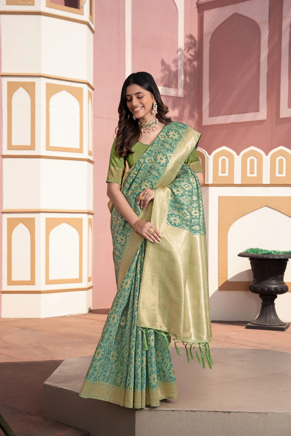 Green Cotton Ikkat Silk Saree