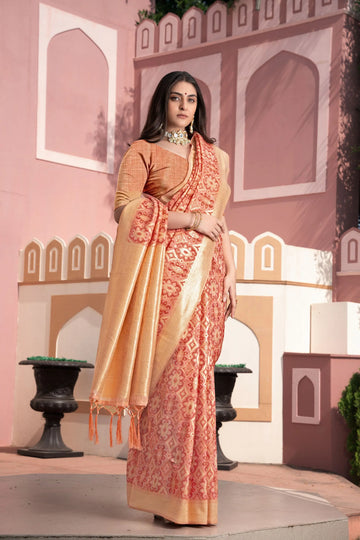 Peach Cotton Ikkat Silk Saree